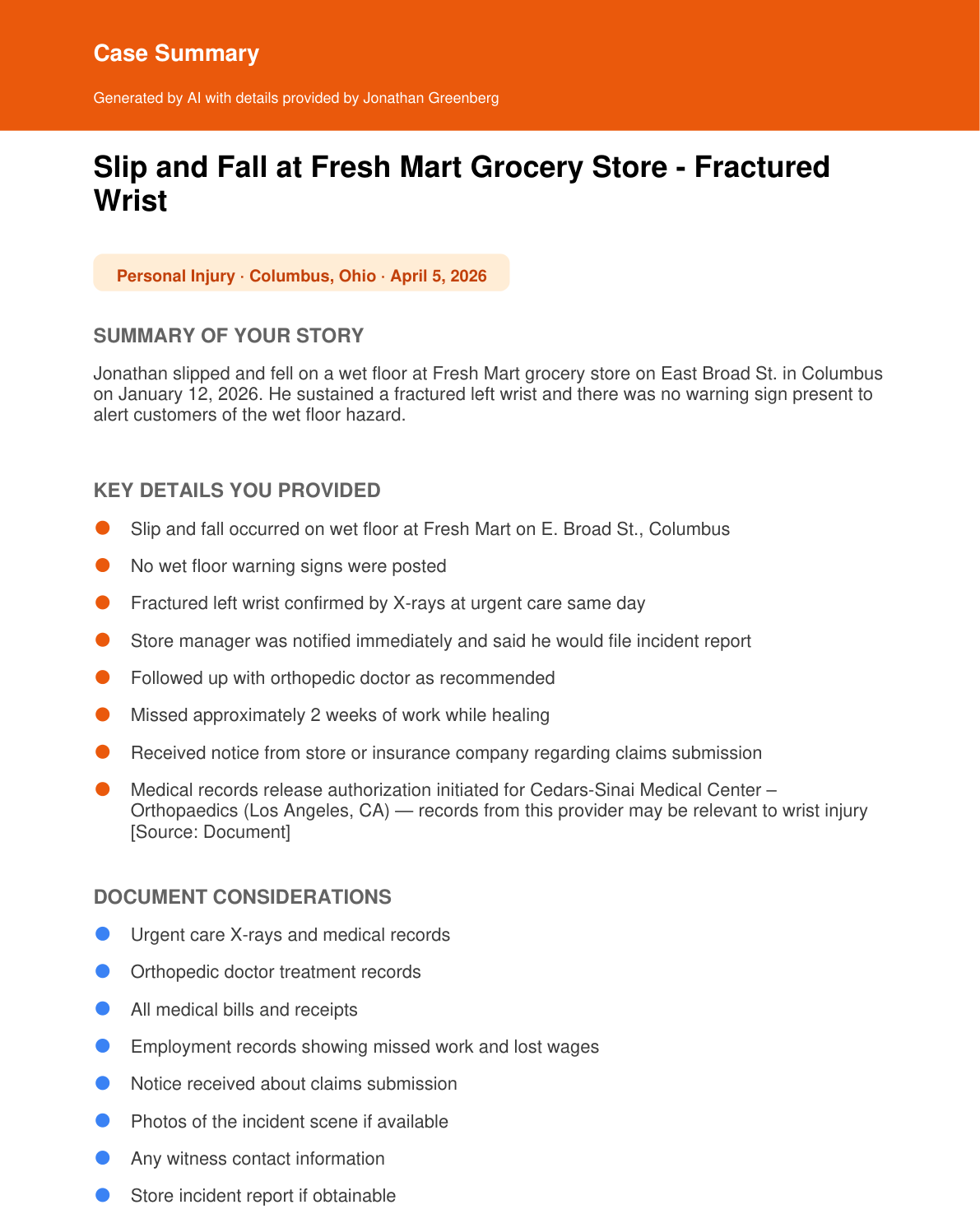 Sample case Summary preview, page 1 of 3